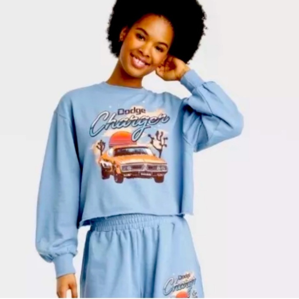 Dodge Charger Baby Blue Cropped Sweatshirt - Size XS